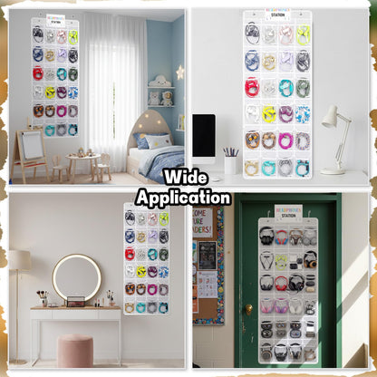 Maasechs Classroom Headphone Storage Organizer 24 PVC Clear Over The Door Hanging Classroom Headphone Holder Pocket with 4 Hooks for School Library(White)