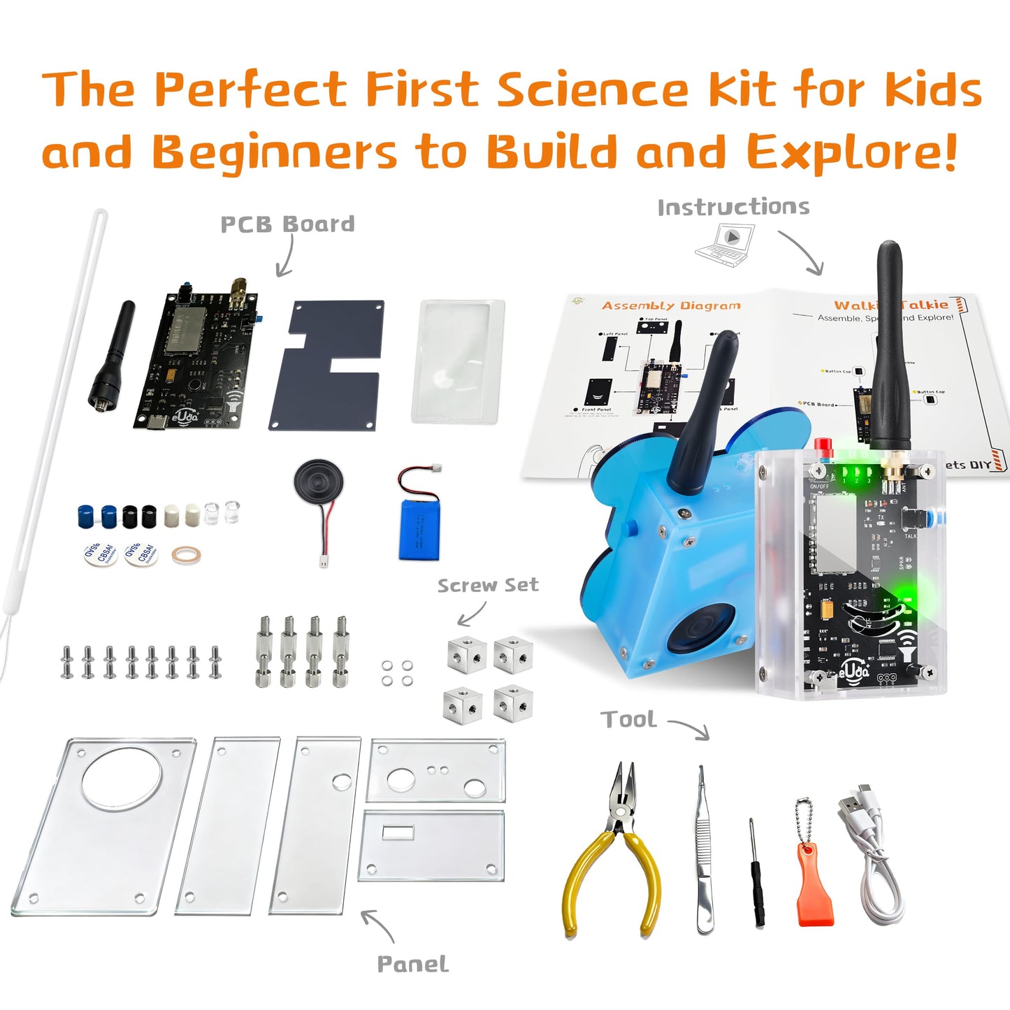 eUda+ STEM Walkie-Talkies Kit for 8-13-15-17+ Boys & Girls Stem Kits for Kids Age 8-10-12-14-16-18+ Science Experiments for Kids 9-12 DIY Kits for Kids Teenage Girl Gifts (Assembly Version, BTC)