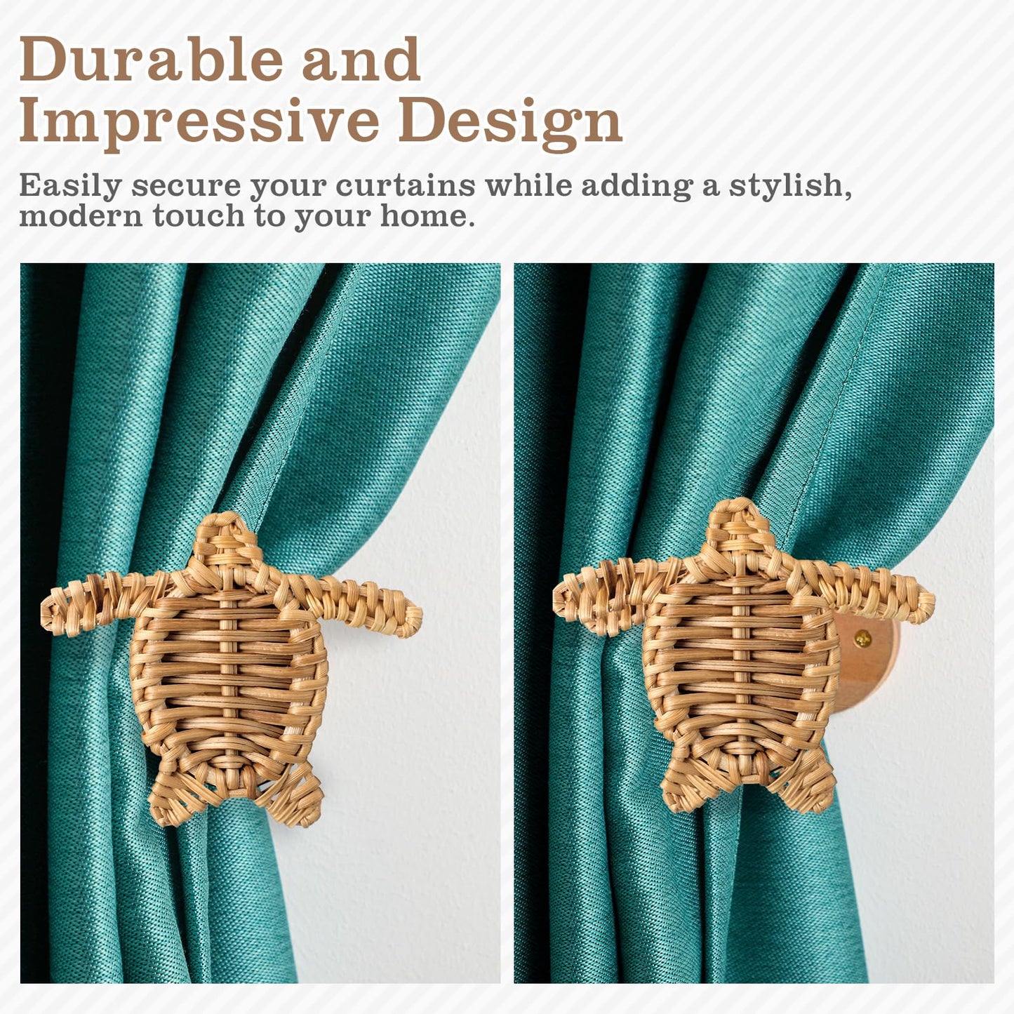 Leinuosen 2 Pack Boho Curtain Holdbacks Rattan Tiebacks Coastal Curtain Holdbacks for Curtains Wall Mounted Nautical Ocean Wooden Drapery Hook Rustic for Summer Home Office Bedroom Window(Sea Turtles)