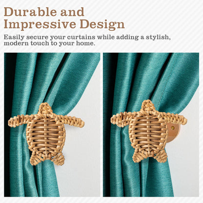 Leinuosen 2 Pack Boho Curtain Holdbacks Rattan Tiebacks Coastal Curtain Holdbacks for Curtains Wall Mounted Nautical Ocean Wooden Drapery Hook Rustic for Summer Home Office Bedroom Window(Sea Turtles)