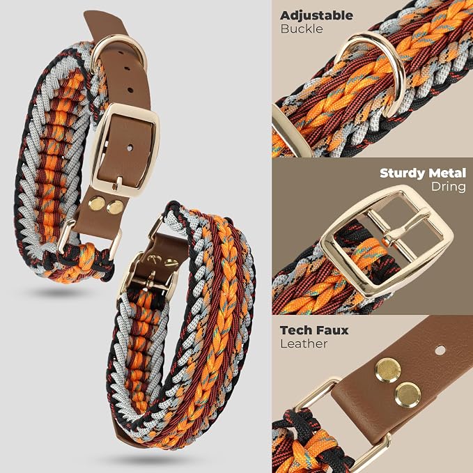 Tirevt Hand-Woven Dog Collar and Leash Set:Color-Block Design, Premium Reinforced Buckle, Adjustable Artisan Paracord for Puppies, Small, Medium & Large Dogs (Orange, L)