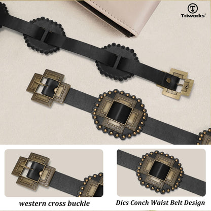 TRIWORKS Women Western Concho Leather Belt Cowgirl Boho Belt Chunky for Dresses Concert Festival