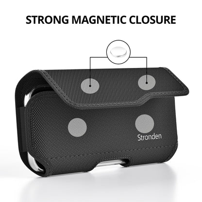 Stronden Magnetic Closure Holster for iPhone 17 Pro, 17e, 17, 16 Pro, 16, 16e, 15, 15 Pro, 14, 14 Pro, 13, 13 Pro, 12, 12 Pro - Military Grade Nylon Pouch with Metal Belt Clip & Loop (Fits Slim Case)