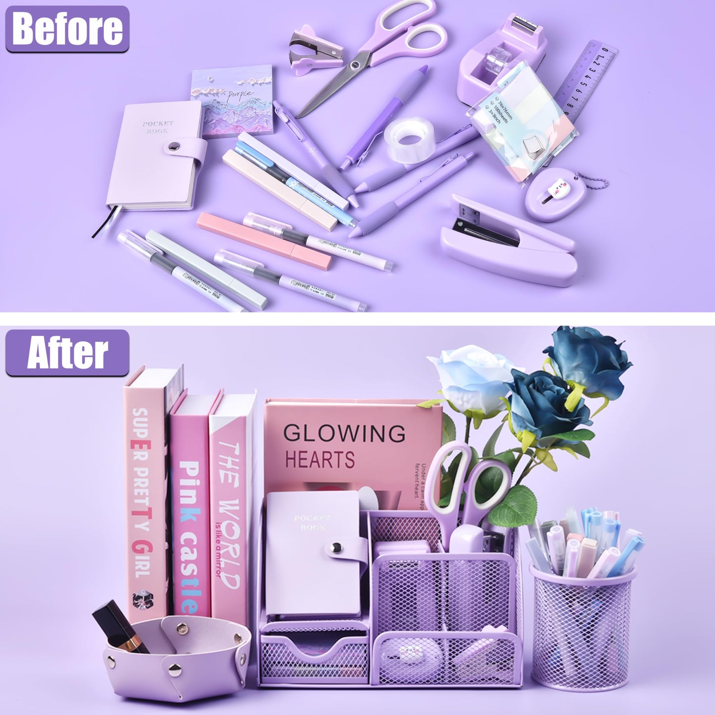 Purple Desk Accessories, 26Pcs Office Supplies and Desk Organizers, with Tape Dispenser, Stapler, Staple Remover Ect, Gift Box Packaging
