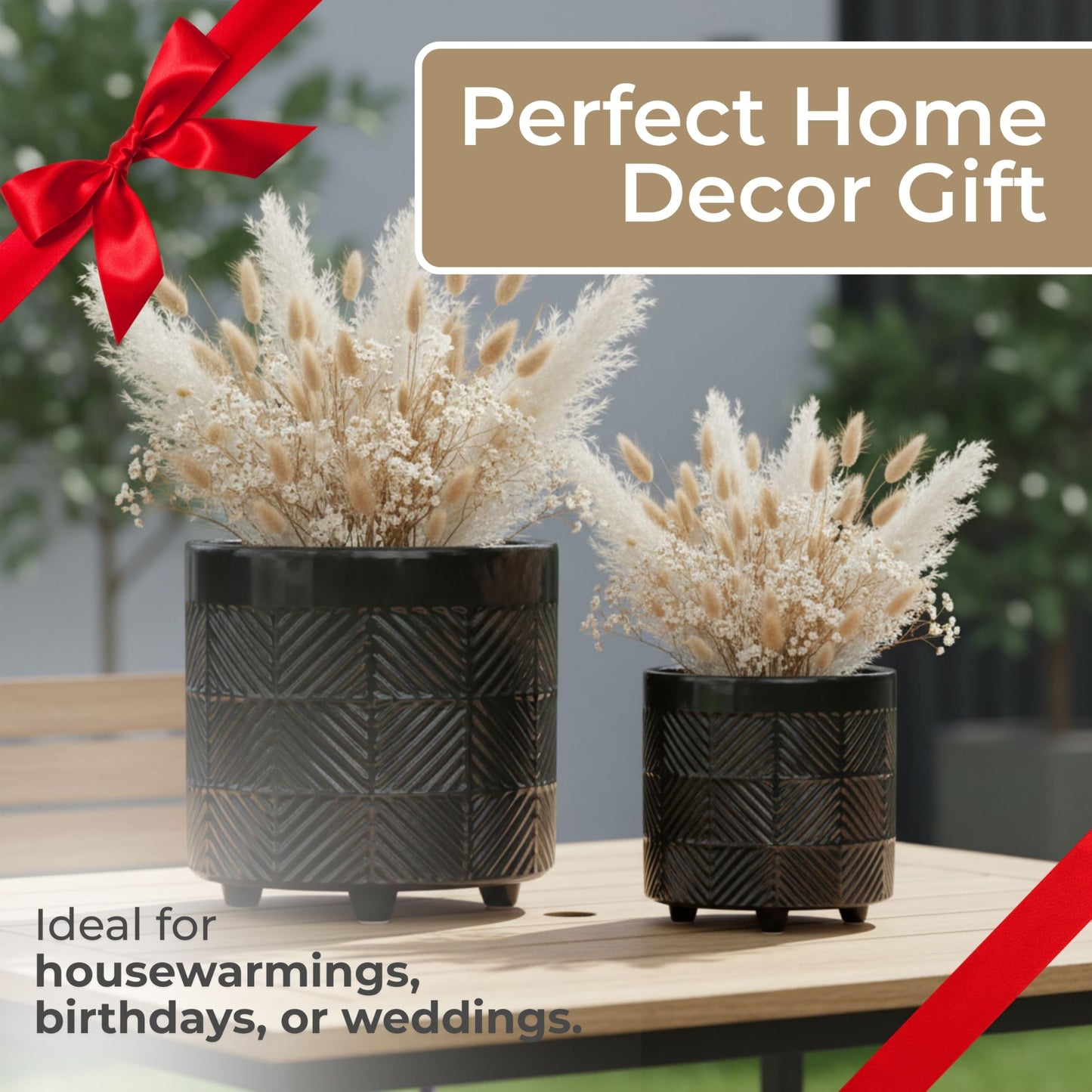 Set of 2 Ceramic Decorative Footed Planter Pot – Outdoor & Indoor Plant Pot with Embossed Textured Finish – Elegant and Modern Garden & Home Decor Ceramic Planters – 7" & 8", Black