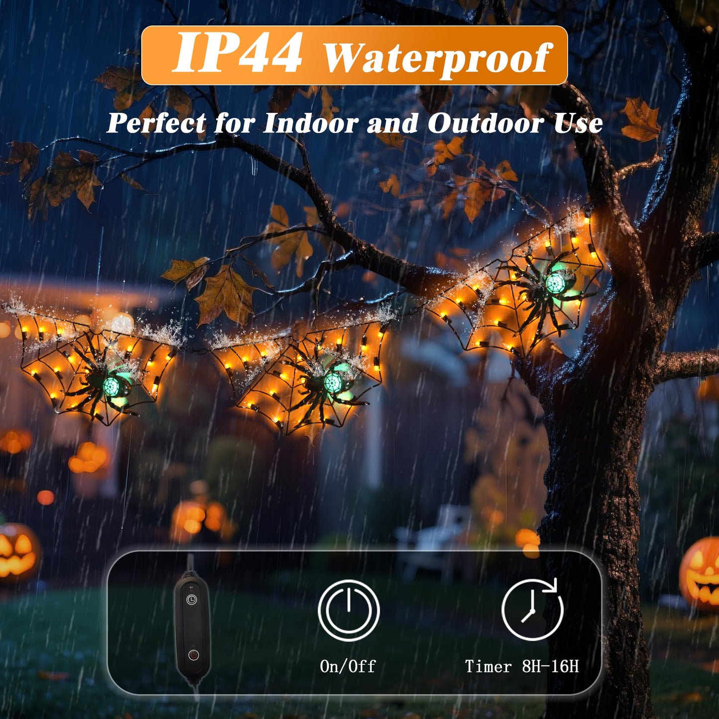 Halloween Decorations Spider Web Lights - 52.8 Inch/4.4 ft Connected Cobweb with Scary Spiders, 54 Orange & 3 Green LEDs, Timer Function, Lighted Spider Nets for Indoor Ourdoor Yard Patio