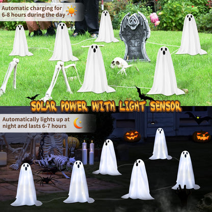 Halloween Decorations, 6 Pack 18.9'' High Solar Small Ghost String Stake Lights 12.8 FT, White Small Cloth Ghost Stakes with 8 Lighting Modes and Waterproof Outdoor Garden/Yard Path Lights, Clod Light