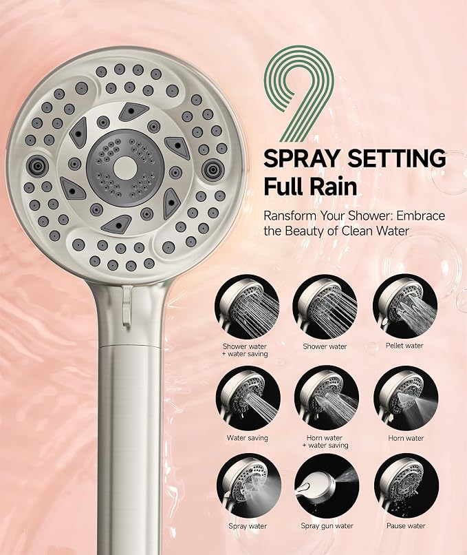 Filtered Shower Head with Handheld, 9-Spray Mode High Pressure Detachable Shower Head with Filters for Hard Water - Remove Chlorine Brushed