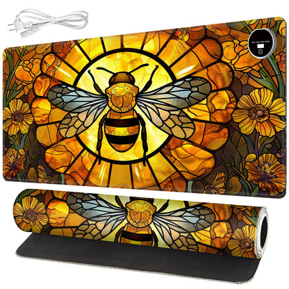 BREIDMKFM Warm Desk Pad,Heated Desk Pad Mouse Mat Gaming,with 3 Heating Levels & 3 Hours Auto Shut-Off,Leather 31.5" x 13" Foot Warmer Keyboard Office Mat,Cute Bee Floral