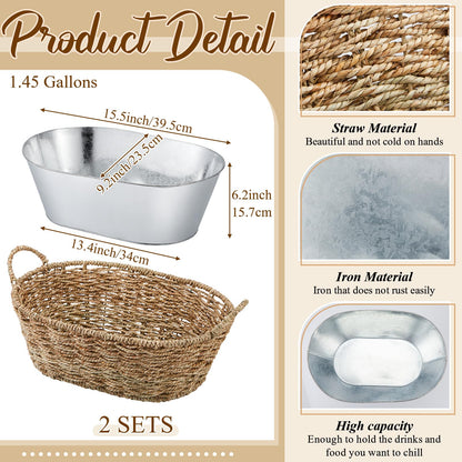 Domensi 2 Pcs Small 11.4L 3 Gallons Ice Bucket with Wicker Outer Basket Handle Beverage Tub Grass Rope Woven Detachable Farmhouse Galvanized Bucket for Party Seaside Bar Buffet Wine Beer Bottle