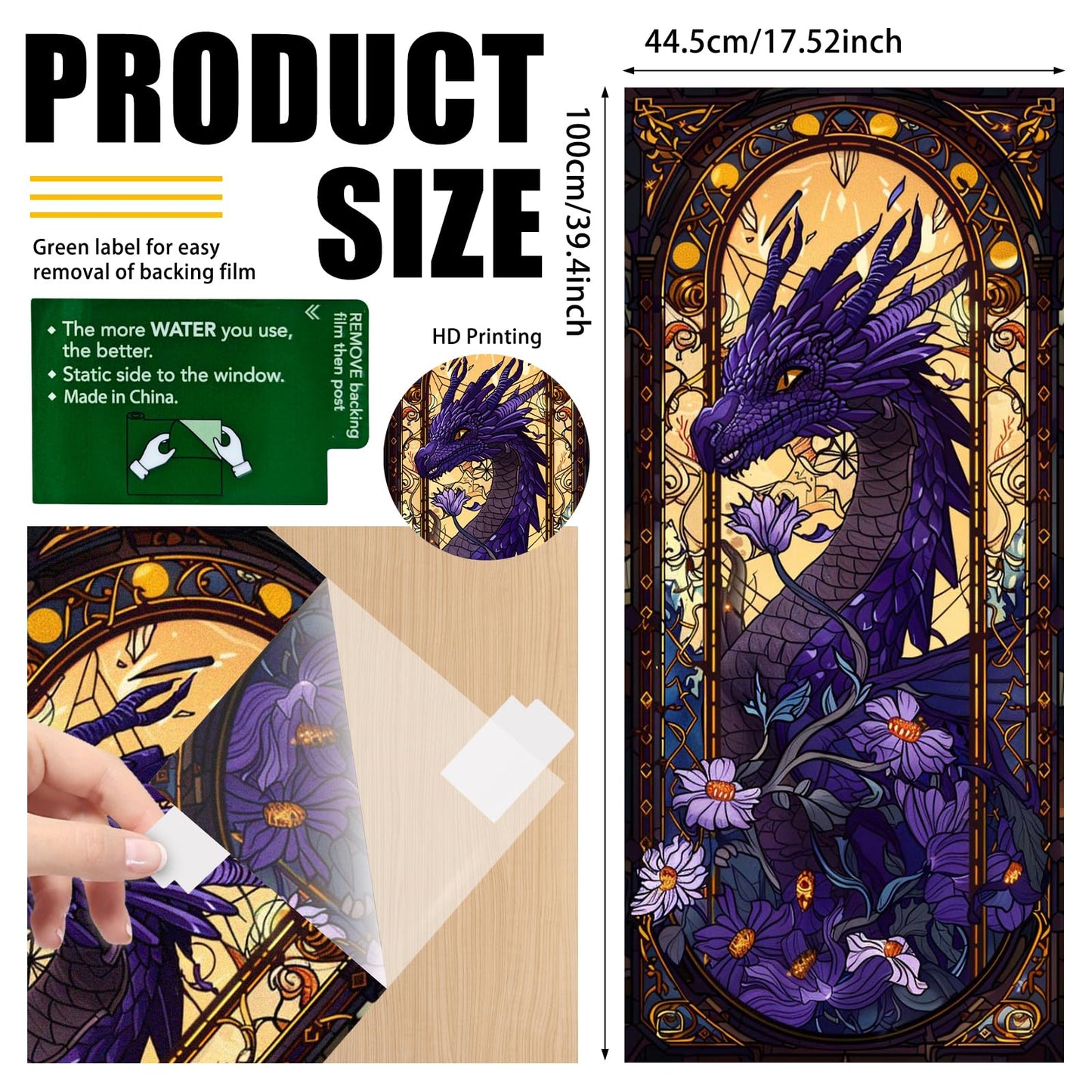Nuxovilar Stained Glass Window Film Dragon Floral Pattern PVC 17.7 x 39.4 Inches Window Clings for Glass Panel Privacy Decor for Game Room Study Entry Door