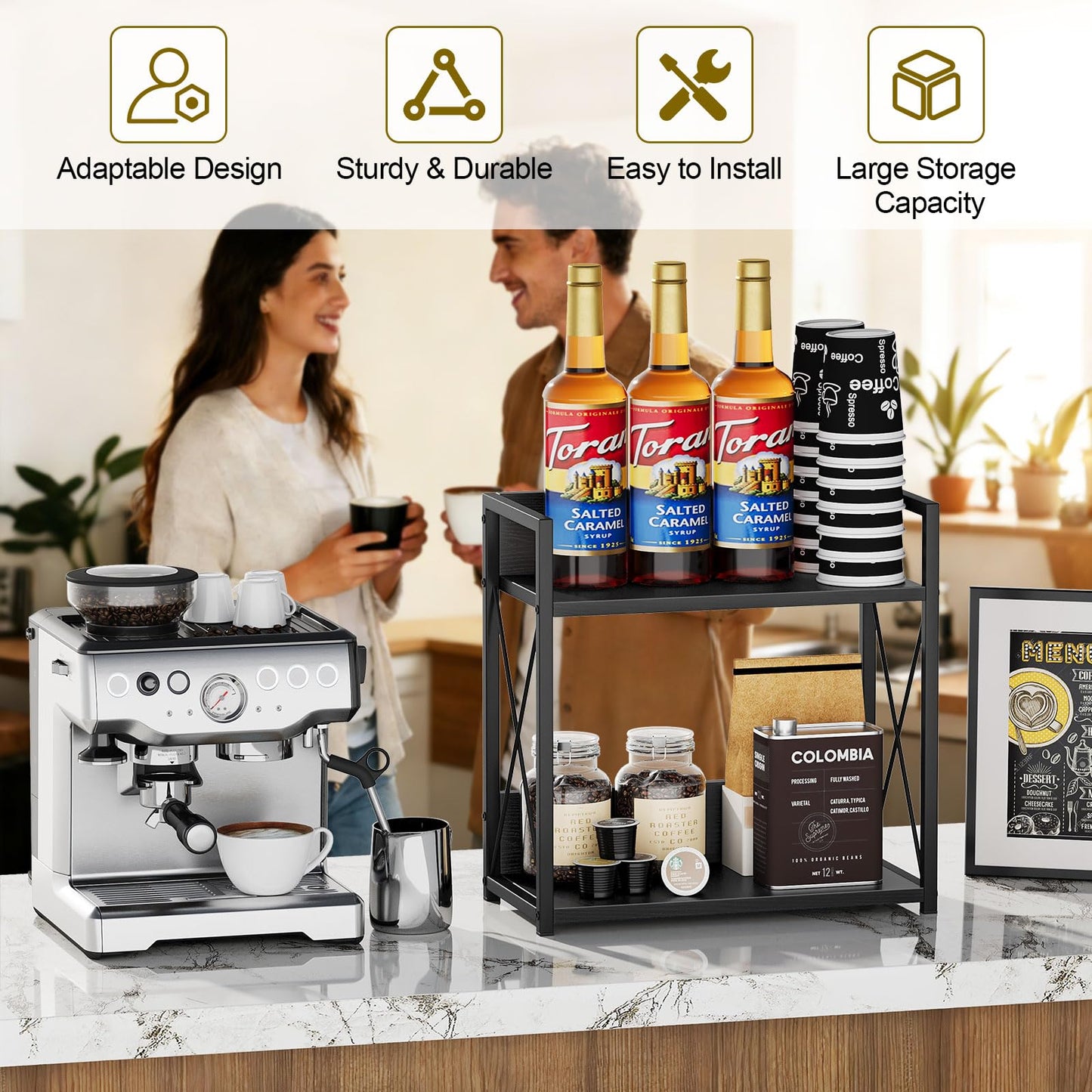 Giikin Kitchen Countertop Organizer, 2 Tier Coffee Bar Organizer, Black Spice Rack for Counter, Kitchen Counter Shelves, Particleboard, Large Size (15.8" L x 7.9" W x 15.8" H), Black
