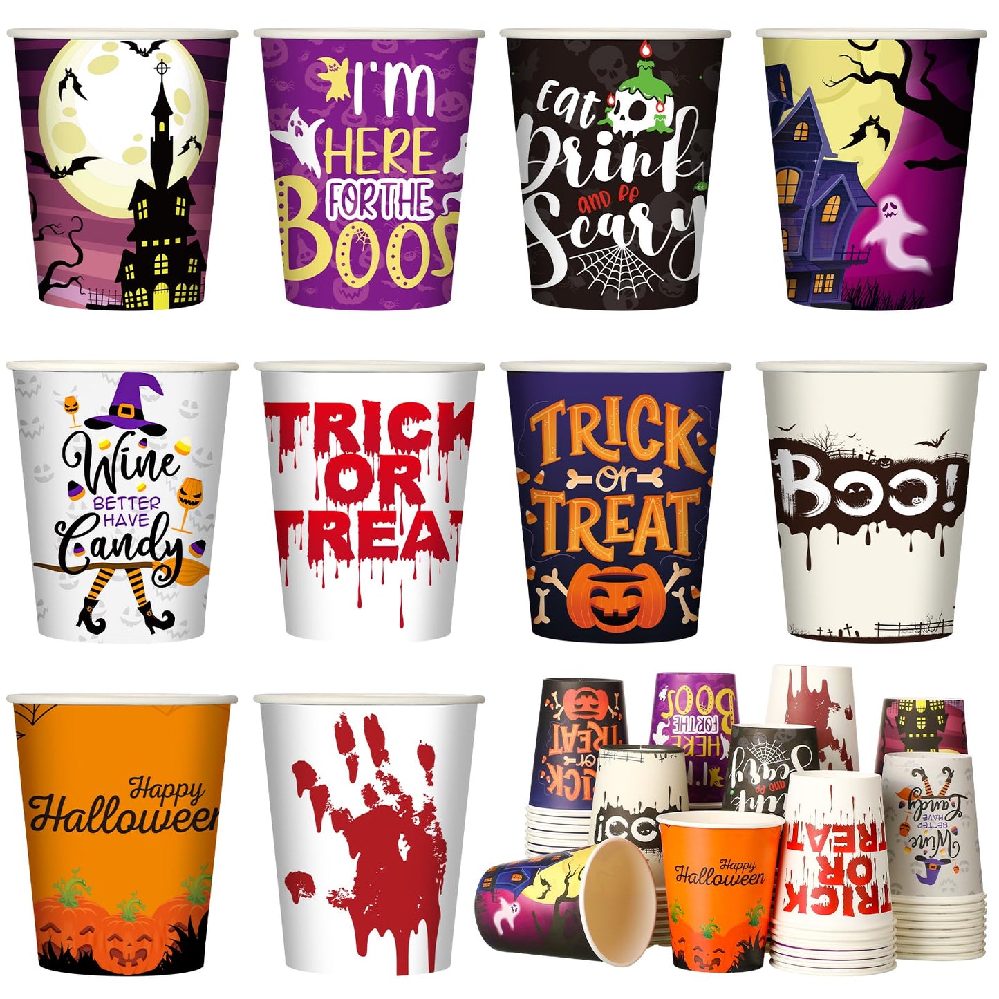 Fulmoon 100 Pcs Halloween Disposable Cups 9 oz Paper Coffee Cups for Kids Adults Holiday Party Halloween Party Supplies, 10 Styles
