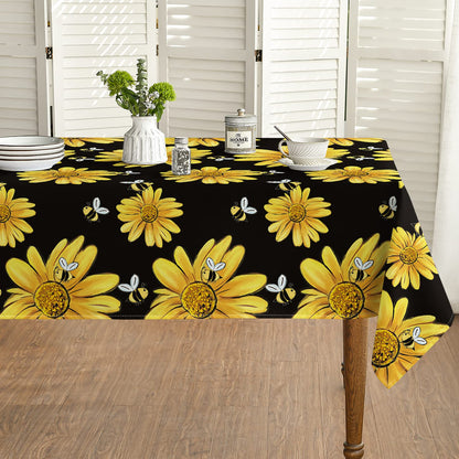Horaldaily Summer Tablecloth 60×84 Inch Rectangular, Yellow Sunflower Bumble Bee Black Fall Washable Table Cover for Party Picnic Dinner Decor