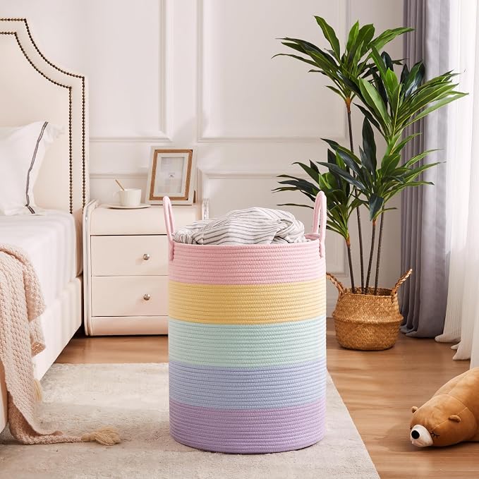 60L Laundry Hamper Basket for Baby Girls and Kids, Pastel Rainbow Unicorn Design, Woven Rope Nursery Basket for Blankets Toys in Playroom, 15Dx20H Inches Large Bedroom Hamper for Clothes