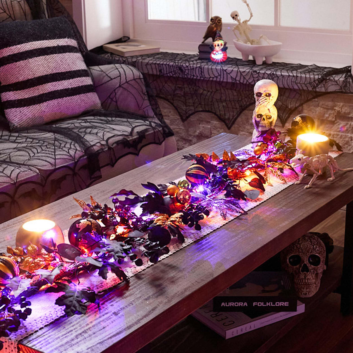 Valery Madelyn Halloween Garland for Mantel with Lights, 6 Feet Pre-Lit Jack-o'-Lantern Pumpkins and Ball Garland Decorations for Table Centerpiece Mantle Indoor Stair Home Decor