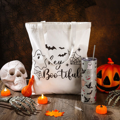 Abbylike 2 Pcs Halloween Gifts for Women Include 20 oz Stainless Steel Tumbler with Lid and Straw Boo Travel Mug Ghost Canvas Tote Reusable Bag for Birthday Gift Halloween Boo Party Favor