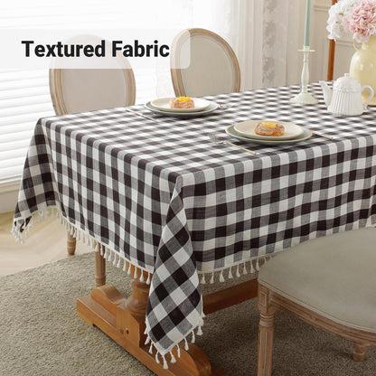 Laolitou Checkered Tablecloth Rectangle Washable Halloween Buffalo Plaid Table Cloth with Tassel Cotton Linen Gingham Table Cover for Picnic Kitchen Dining Room, Black and White, 70 Inch