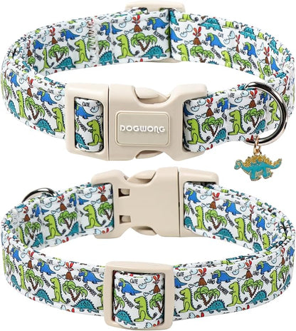 DOGWONG Dinosaur Dog Collar-Cute Green Dinosaur Dog Collar for Small Dogs, Adjustable Comfortable Cotton Boy Dog Collars for Small Medium Large Dogs,L