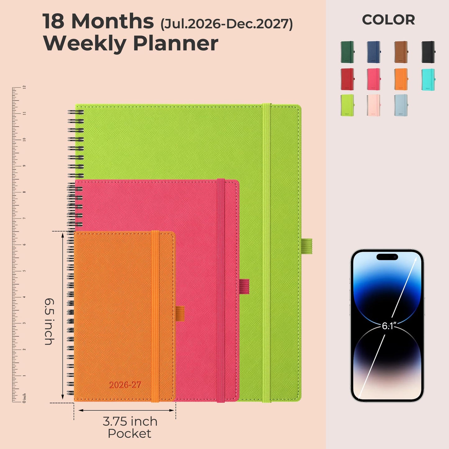 IN-LUXPRO Planner 2026-2027 Daily Weekly and Monthly,6.5"x3.75",18 Months Spiral Bound Calendar Agenda with Self-adhesive Pen Holder,2026 Academic Plan with Vegan Leather Soft Cover,Orange