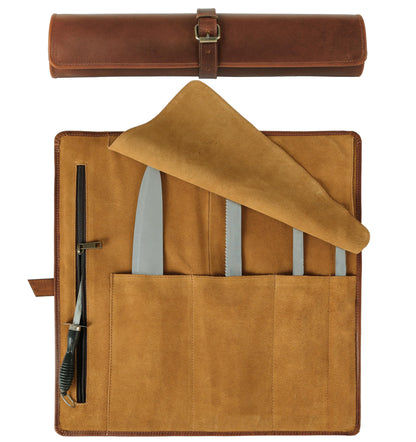 KomalC Premium Buffalo Leather Chef Knife Roll – 17.5″ × 17.5″ Knife Storage Bag with 4 Slots, Suede Lining, Brass Buckle & Zipper Pouch – Portable Travel Case for Chefs & Culinary Students