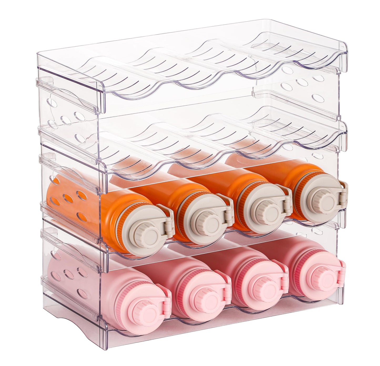 IEEK Plastic Stackable Bottle Storage Holder Rack Holds 16 Bottles,Free-Standing Water Bottle/Wine and Drink Organizer Shelf for Kitchen Cabinet,Fridge,Countertop,Pantry,Freezer,4 PackX4 Bottles,Clear