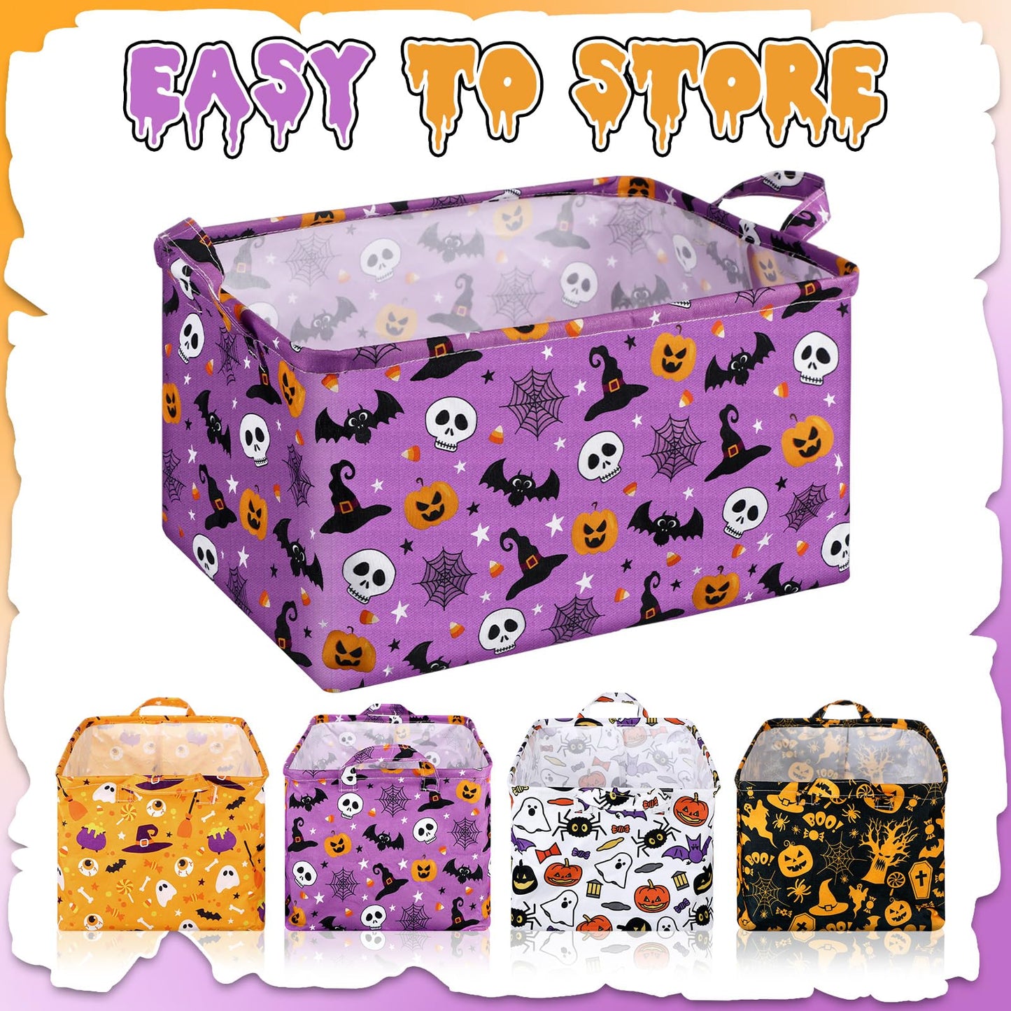 Breling 4 Pcs Halloween Baskets Boo Basket Gift Pumpkin Ghost Baskets with Handles Large Collapsible Storage Bins Boxes for Trick or Treat Gift Books Laundry Shelves Home Storage, 15 x 10 x 8 Inch