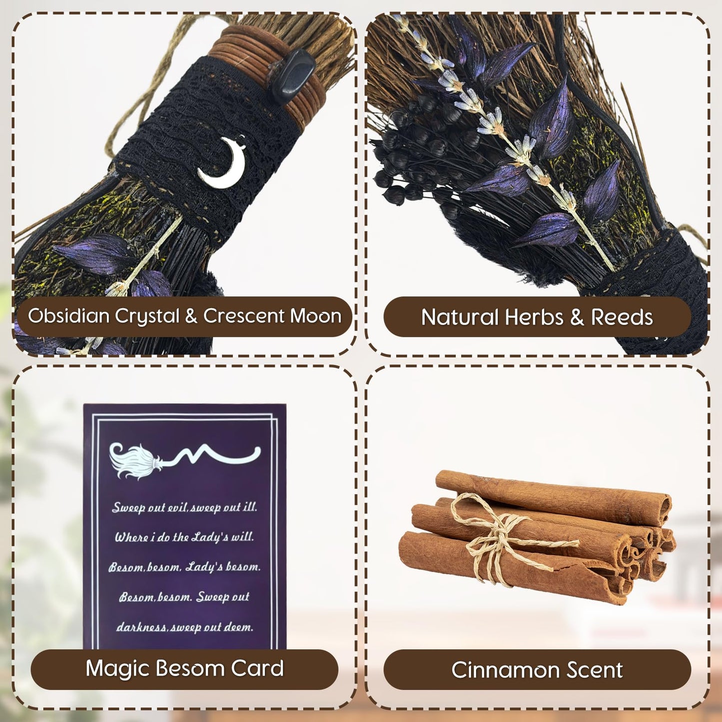 Teeloray Cinnamon Broom 7.5 Inch Handmade Witch Broom for Altar Mini Cinnamon Broomstick Scented Natural Herbal Protection Magic Witchcraft Supplies for Halloween Wiccan Décor Witchy Gifts (Black)