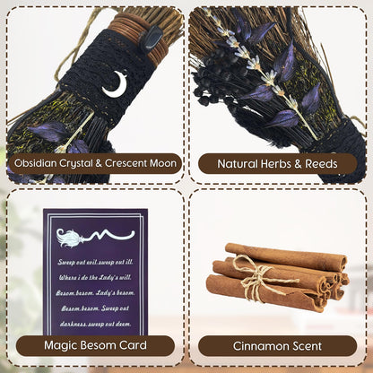 Teeloray Cinnamon Broom 7.5 Inch Handmade Witch Broom for Altar Mini Cinnamon Broomstick Scented Natural Herbal Protection Magic Witchcraft Supplies for Halloween Wiccan Décor Witchy Gifts (Black)