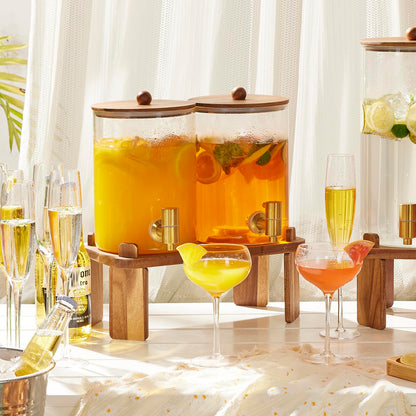 2 PCS 1 Gallon Drink dispenser, Glass Beverage Dispenser With Wood Stand, Large Water Drink Dispensers for Parties With Stainless Steel Spigot, Ideal for Lemonade,Juice, Tea, and Party Drinks