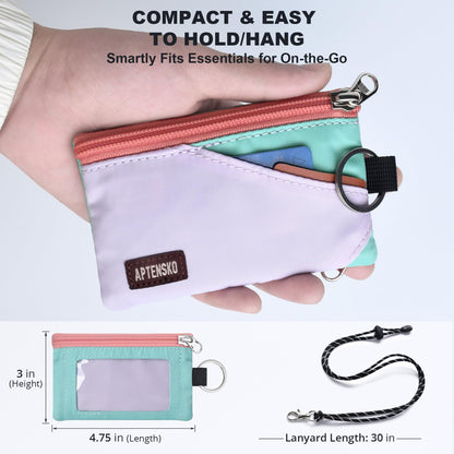 APTENSKO RFID Blocking Travel Wallet with Adjustable Lanyard, Small Nylon Zipper Pouch and Badge Holder for ID, Credit Cards, Cash, Keys, Commuters (SoftLilac+MintAqua)