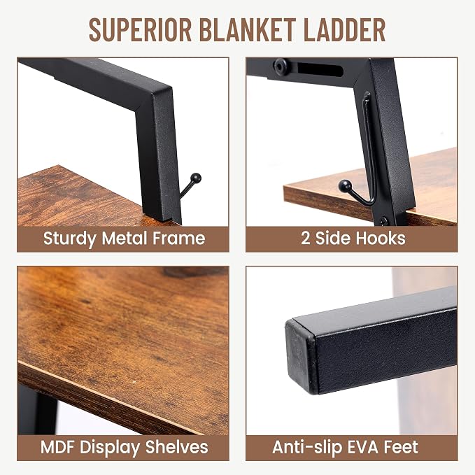 5 Tier Blanket Ladder with Shelf and Hooks, 4.8ft Metal Ladder Shelf Blanket Holder Storage Rack for Living Room, Free Standing Blanket Rack for Storage and Home Decor