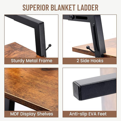 5 Tier Blanket Ladder with Shelf and Hooks, 4.8ft Metal Ladder Shelf Blanket Holder Storage Rack for Living Room, Free Standing Blanket Rack for Storage and Home Decor