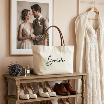 Ugiftcorner Bridal Shower Gifts for Bride Tote Bag, Embroidered Canvas Wedding Essential Bag with Leather Handle & Pocket, Bride to be Gifts, Bachelorette Honeymoon Beach Bag