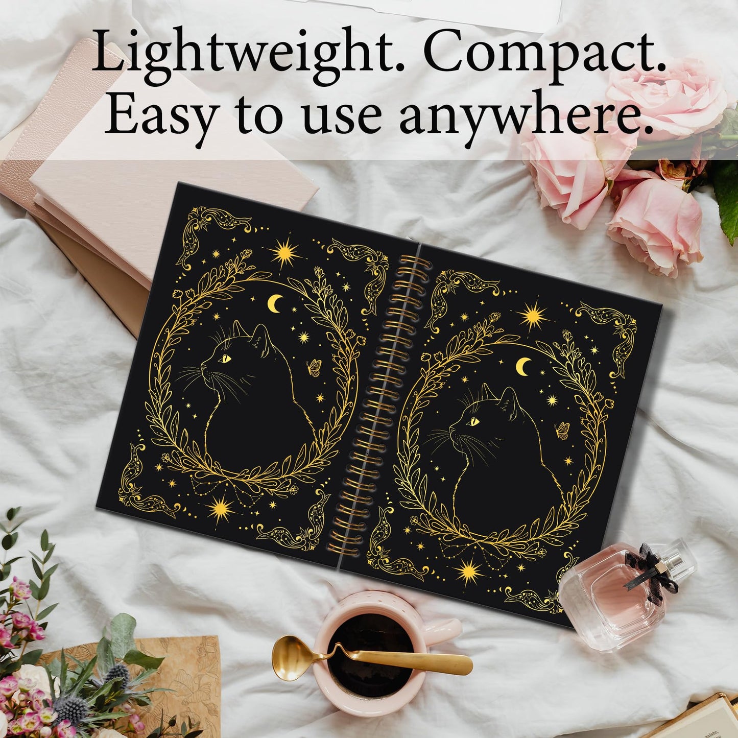 KTYHD Gothic Witchy Tarot Cat Notebook Journal 5.5x8.3in,Gothic Gold and Black Cat Journal for Writing,Goth Witch Animal Hardcover Spiral Notebooks