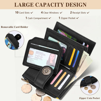 Mayski Starry Night Cat Small RFID Wallet Women, PU Leather Bifold Zipper Coin Pocket Compact Cash Credit Card Holder Purse, Cute Travel Wallet for Female Ladies Teen Girls, 4 ID Window 14 Card Slots