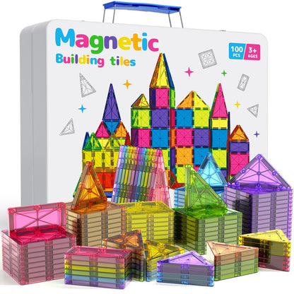 MEIQ 100Pcs Premium Magnetic Tiles Toys Set with Sturdy Iron Case, STEM Educational Building Blocks for Kids Ages 3-5 4-8, Montessori Sensory Toys, Creative Birthday Gifts for Toddler Boys & Girls