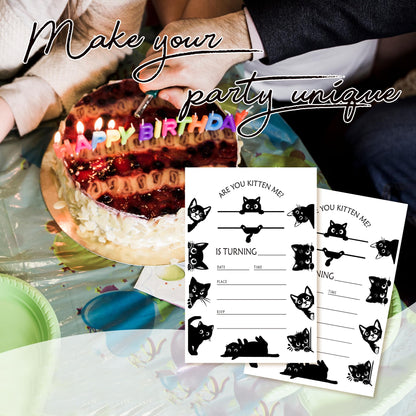 ZYQFN 20 Black Cat Birthday Invitations for Girls Boys Kids Adult with Envelopes - 4x6 Inch Kitten Card, Cute Pet Themed Party Invites. (030)