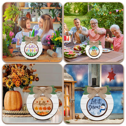 Geetery 17 Pieces Summer Interchangeable Season Sign DIY Holiday Icons Decor with Wooden Easel Round Home Decorative with 15 Seasonal Icons Holiday Sign Set for Tabletop Porch Decoration