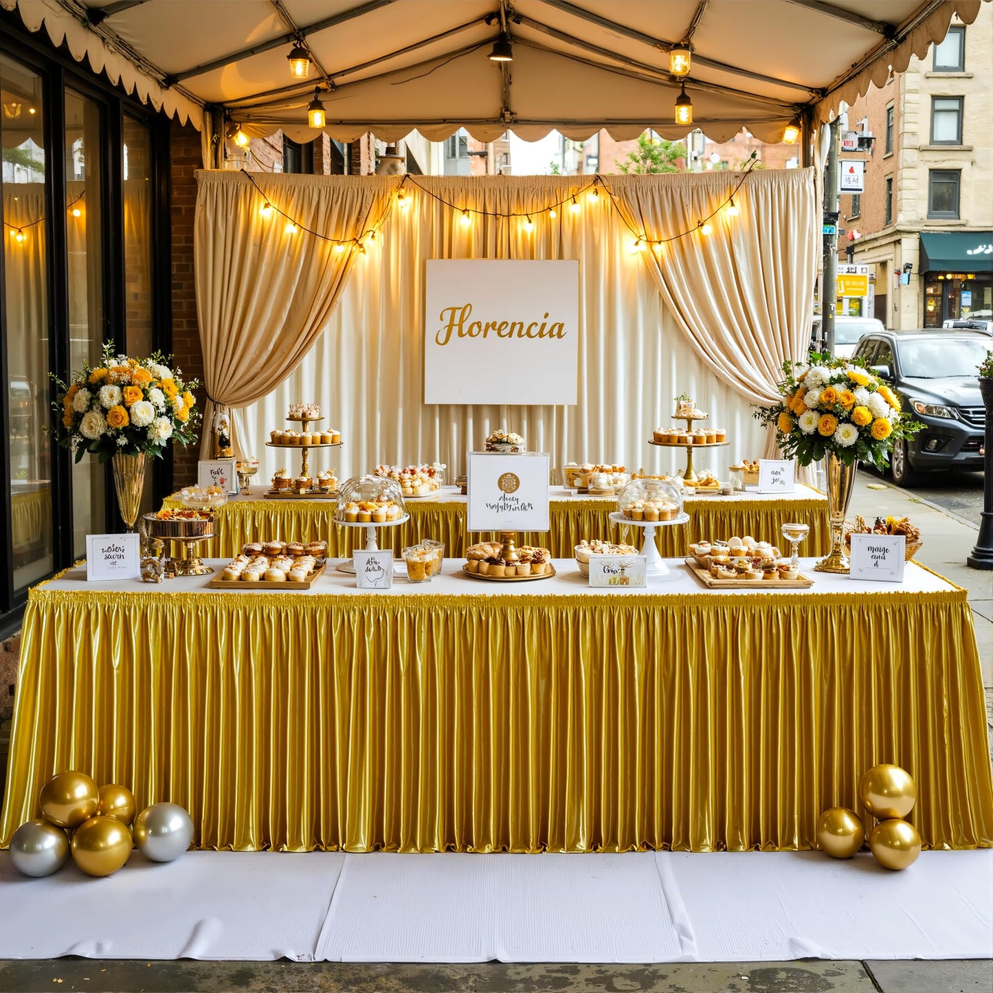 Wish Care 6ft Gold Satin Table Skirt for Rectangle Tables Wrinkle Free Glitter Desk Skirts Pleated Ruffle Table Cloth for Wedding Birthday Graduation Cocktail Party Buffet Display Table Decorations