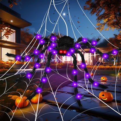 6.6 FT Giant Spider Halloween Decorations Light Up Scary Spider with Red LED Eyes Purple Lights for Yard Lawn Garden Porch Halloween Party Haunted House Indoor Outdoor Decor