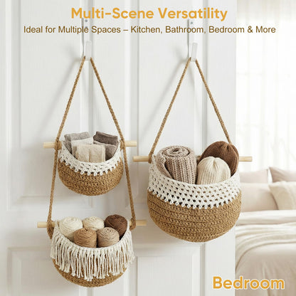 GLDFI Boho Style Handwoven Rope Hanging Basket - 3-Tier Detachable Storage Organizer for Kitchen/Bathroom/Entryway, 3 Included Heavy-Duty Hooks, 7 Color Options Available (Brown)