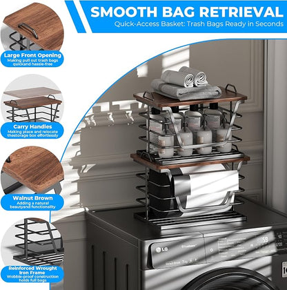 2 Pack Stackable Trash Bag Holders with Wood Top, Large & Small Garbage Bag Dispenser for Kitchen, Pantry, Laundry Room Organization, Wall Mount or Countertop Use, Black
