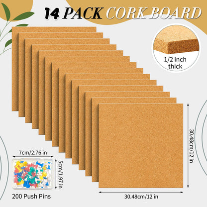 Reginary 19 Cork Board Tiles 12 x 12 in 0.5 in Thick Square Bulletin Boards Cork Tiles Bulk with Push Pins Mini Natural Self Adhesive Backing Corkboards for Wall Home Office Floor DIY(14 Pcs)