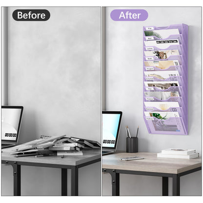 EasyPAG 10 Pocket Mesh Wall File Organizer, Hanging Paper Folder Holder with Classify Label, Vertical Wall Mount Mail Organizer for Office Home Classroom, Purple