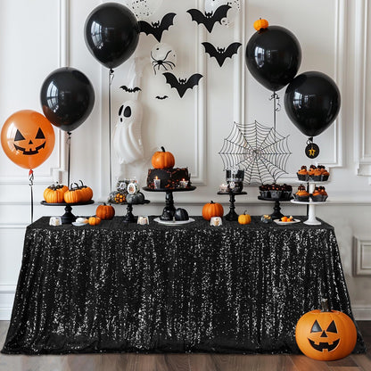 Poise3EHome Black Sequin Tablecloth,60×102 Inch Rectangle Sparkly Fabric Table Cloth for Halloween Birthday Wedding Party Holiday Decoration
