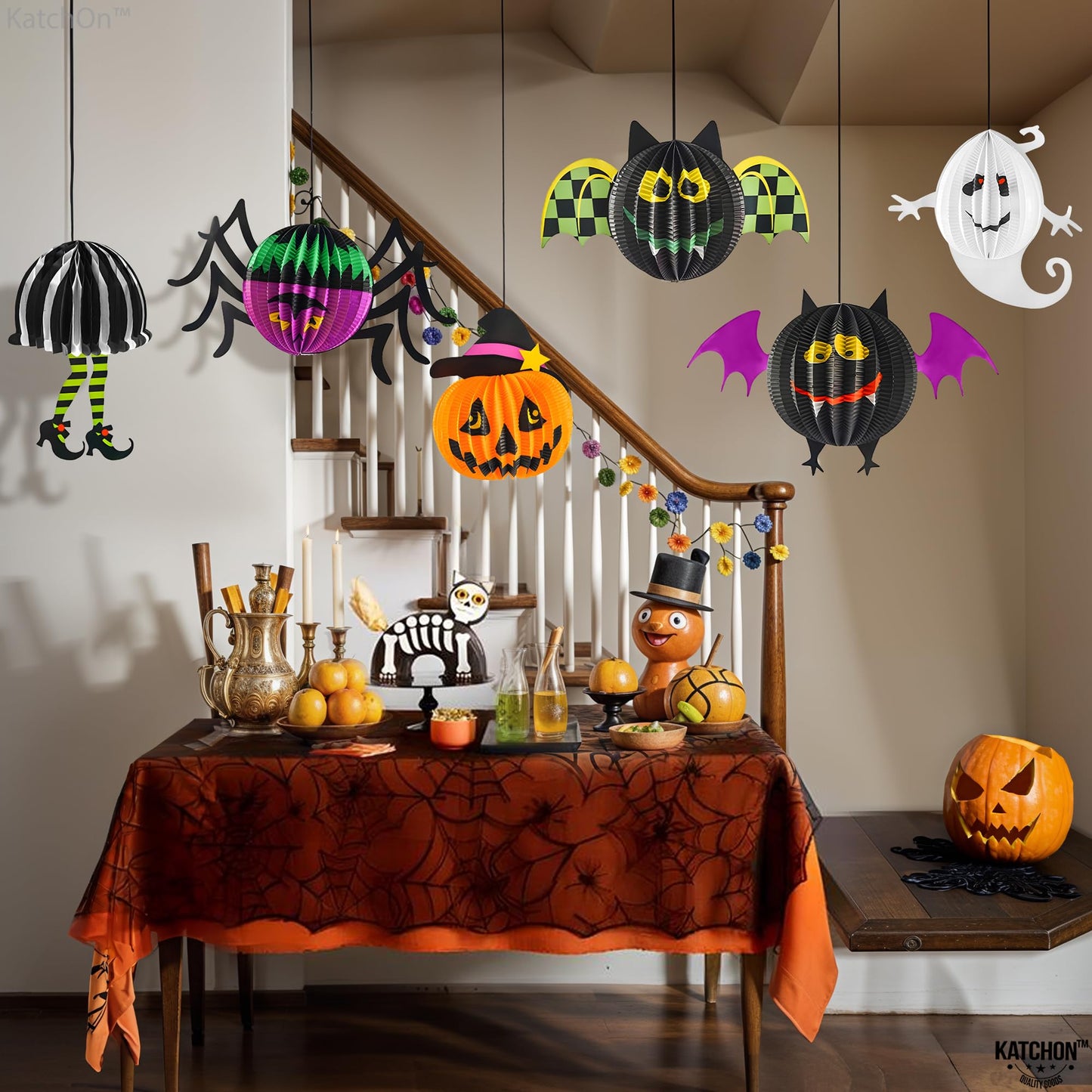 KatchOn, Hanging Halloween Decorations - Pack of 6 | Hanging Halloween Honeycombs for Halloween Ceiling Decorations | Halloween Hanging Bats, Pumpkin, Spider for Scary Halloween Decorations Indoor