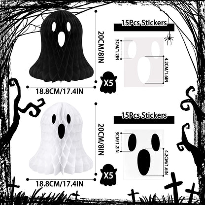 10 PCS Halloween Ornaments Hanging Cute White Black Ghost Honeycomb Decoration Halloween Tree Decorations Paper Ghost Table Decor for Home Office Classroom Holiday Party Supplies