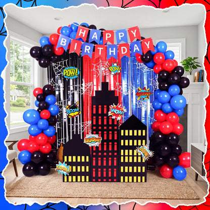 Sliner 47 Pcs Spider Web Birthday Decorations, Tinsel Foil Fringe Curtains Balloons Skyscraper City Boxes set, Spider Party Supplies Red Black Blue Photo Booth Prop Backdrop Streamer, Backdrop Decor