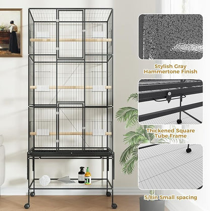 69" H Large Bird Cage, Bird Cage with 3-Tier Platforms, Ladders, Perches, Feeder, Wide Birdcage for Parakeets, Conures, Lovebirds, Quaker, Cockatiels, Budgie, Black
